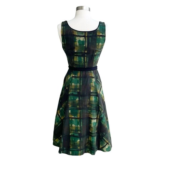 Anthropologie Maeve Dress 0 Green Painted Plaid Fit & Flare Belt Petticoat Swift - Picture 6 of 8